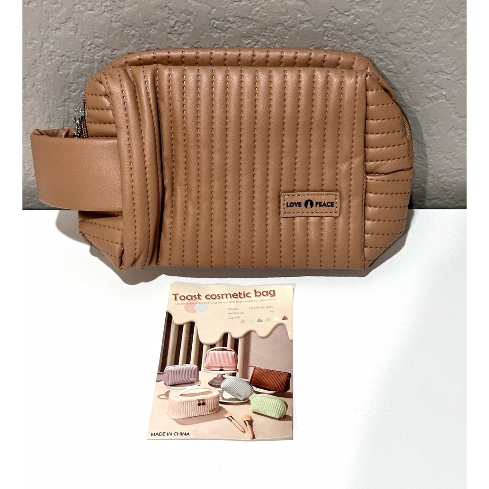 Love Peace Camel Tan Zipper Makeup Bag Cosmetic Pouch Handle 8x5 in